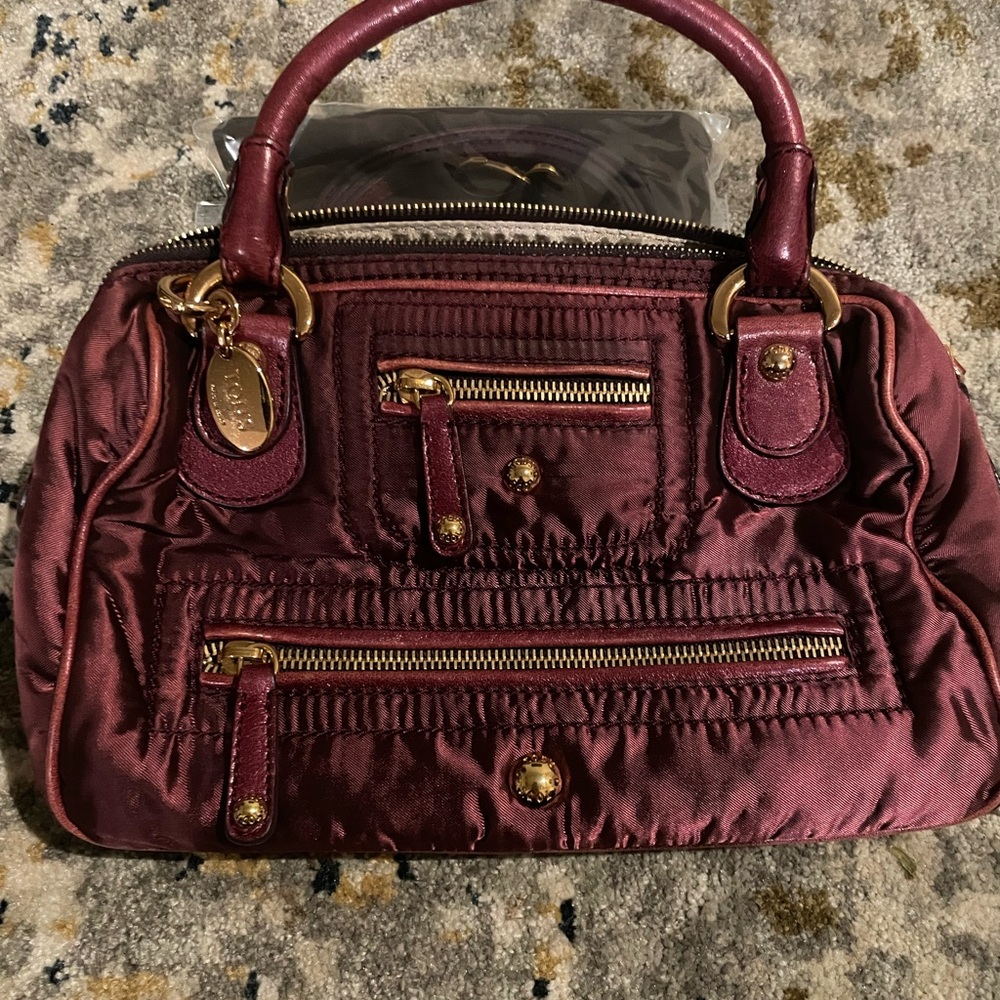Tod's Burgundy Nylon & Leather Satchel with Gold Hardware